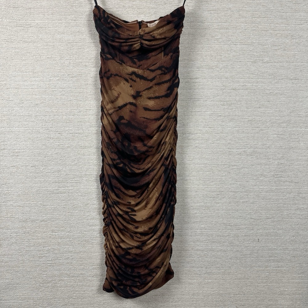 Camila Coelho XXS Brown Tiger Print Rouched Bodycon Dress Elegant Animal Print